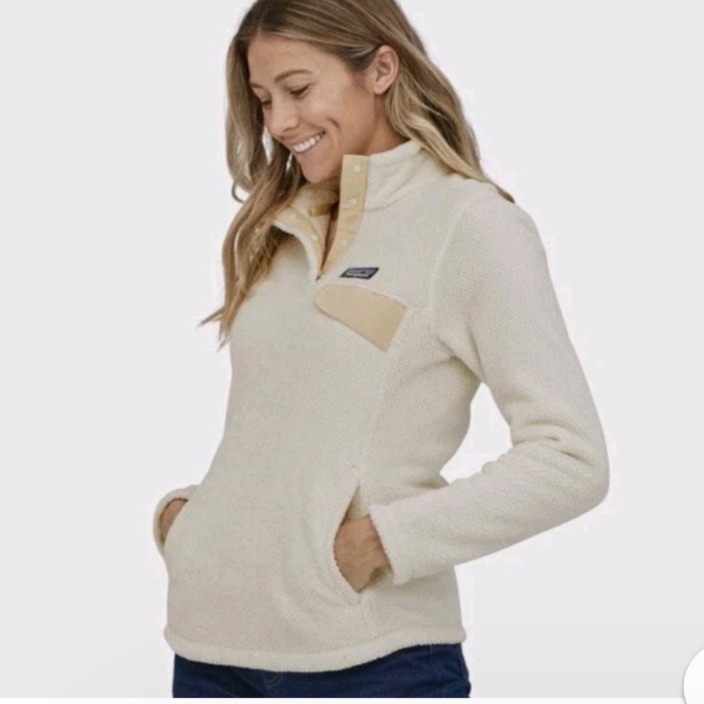 Patagonia Cream Sherpa Half-Snap Pullover with Tan Chest Accent